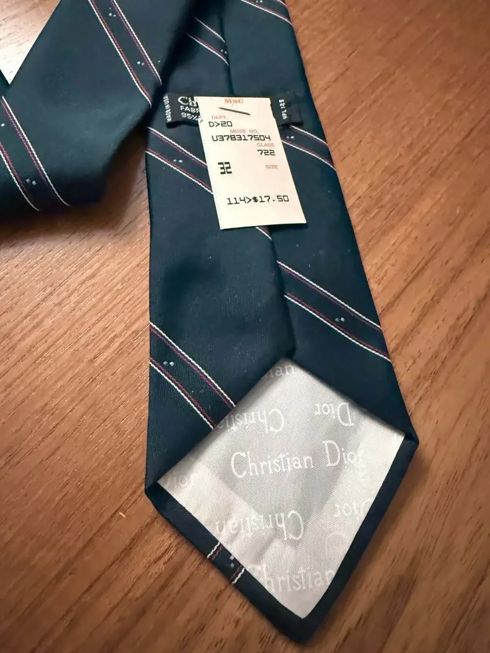 Vintage Christian Dior Monsieur Green Striped Silk Blend Tie - Picture 3 of 4